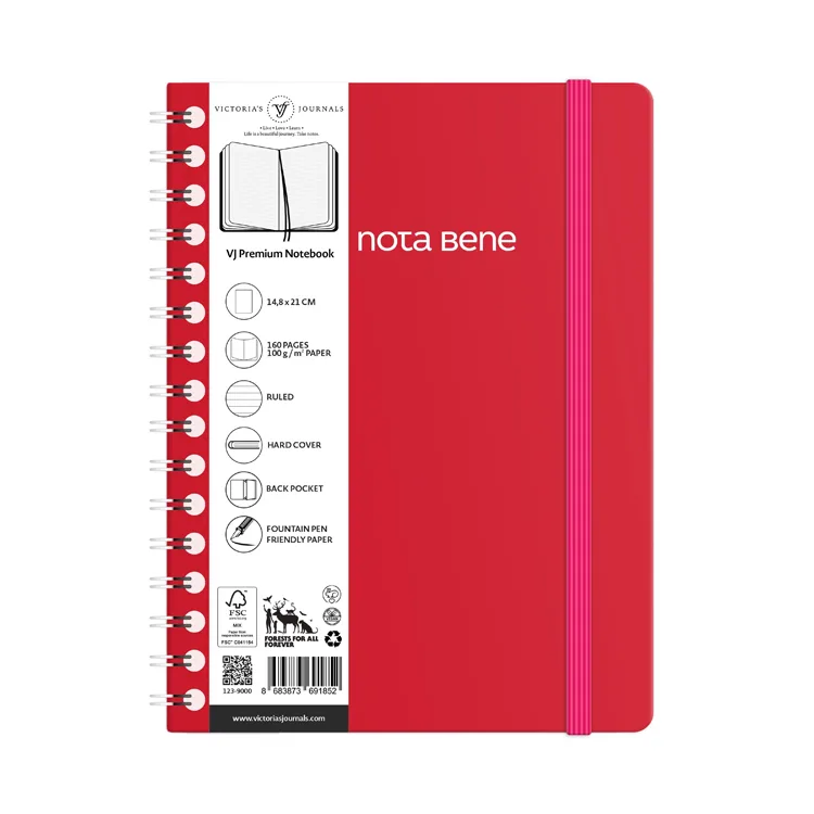 VICTORIA'S JOURNALS NOTE BENE 9264 PREMIUM NOTEBOOK SPİRALLİ SERT KAPAK A5 100gr.160 SYF. ÇİZGİLİ DEFTER KIRMIZI