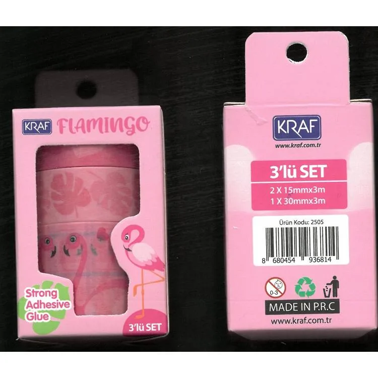 KRAF 2505FL WASHI TAPE FLAMINGO 3 LÜ TEK SET KUTULU DESENLİ BANT (15mmx3m 2Ad + 30mmx3m 1 Ad)