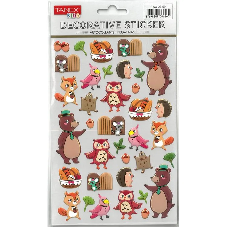 TANEX KIDS TNX-27159 DEKORATİF ETİKETLER - PUFFY MUTLU ORMAN HAYVANLARI SERİSİ STICKER - TEKLİ