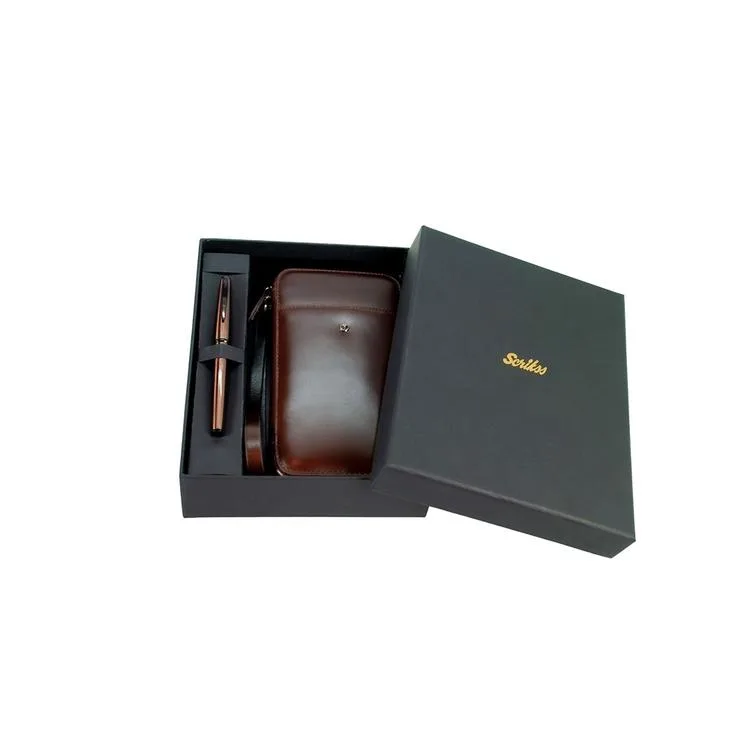SCRIKSS DR 2010-S2 HAKİKİ DERİ EL ÇANTASI KAHVE & 78MR ROLLER KALEM ROSE SET
