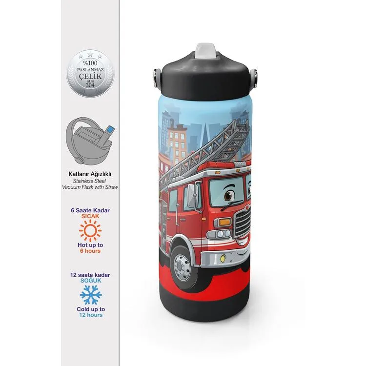 CORAL HIGH 38345 KIDS KIRMIZI İTFAİYE DESENLİ KATLANIR AĞIZLI PİPETLİ ÇELİK TERMOS 650ML