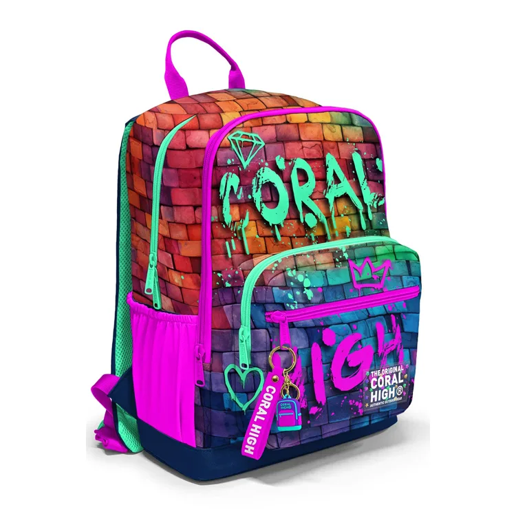 CORAL HIGH 23629 KIDS PEMBE LACİVERT GRAFİTİ DESENLİ DÖRT BÖLMELİ SIRT ÇANTASI