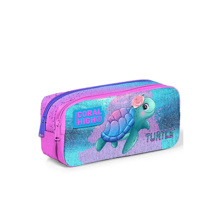 CORAL HIGH 12061 AÇIK PEMBE MAVİ KAPLUMBAĞA DESENLİ İKİ BÖLMELİ KALEM ÇANTASI