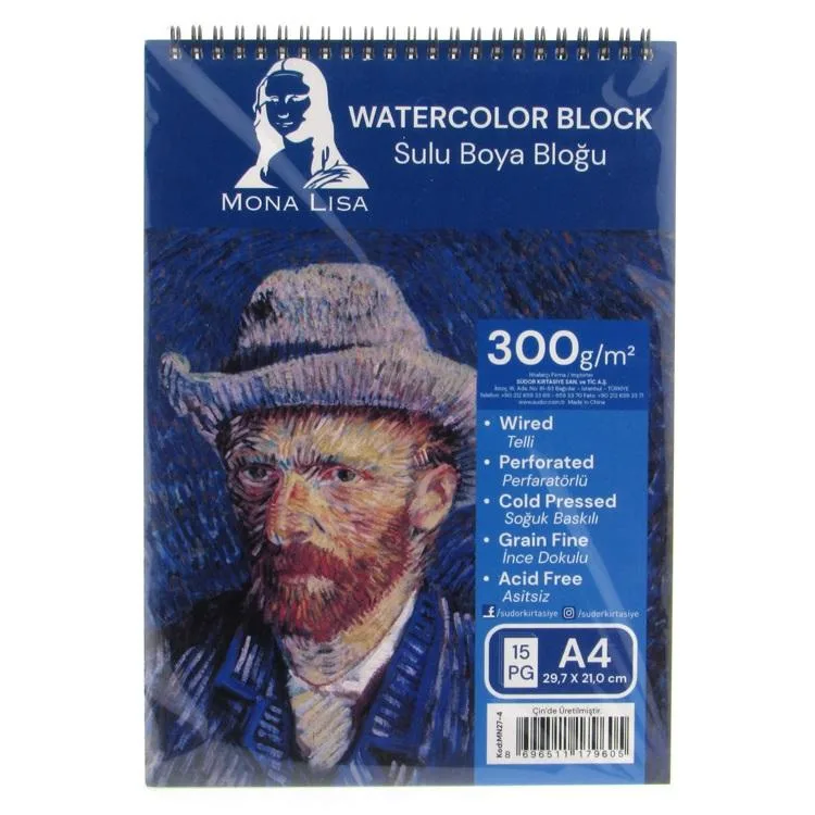 SÜDOR MN27-4 MONA LISA SPİRALLİ RESİM DEFTERİ - SULU BOYA BLOĞU A4 (29.7x21cm) 300gr.15YP.