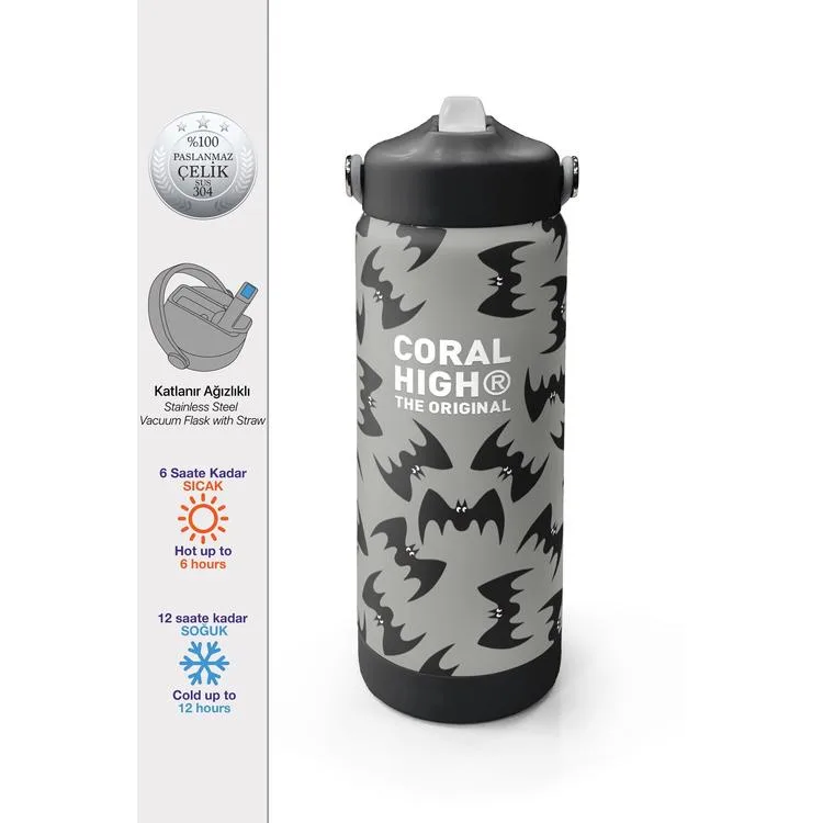 CORAL HIGH 38326 GRİ SİYAH YARASA DESENLİ KATLANIR AĞIZLI PİPETLİ ÇELİK TERMOS 650ML
