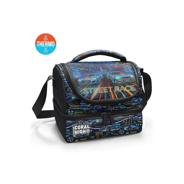 CORAL HIGH 37210 KIDS SİYAH ÇOK RENKLİ YARIŞ ARABASI DESENLİ THERMO İKİ KATLI BESLENME ÇANTASI