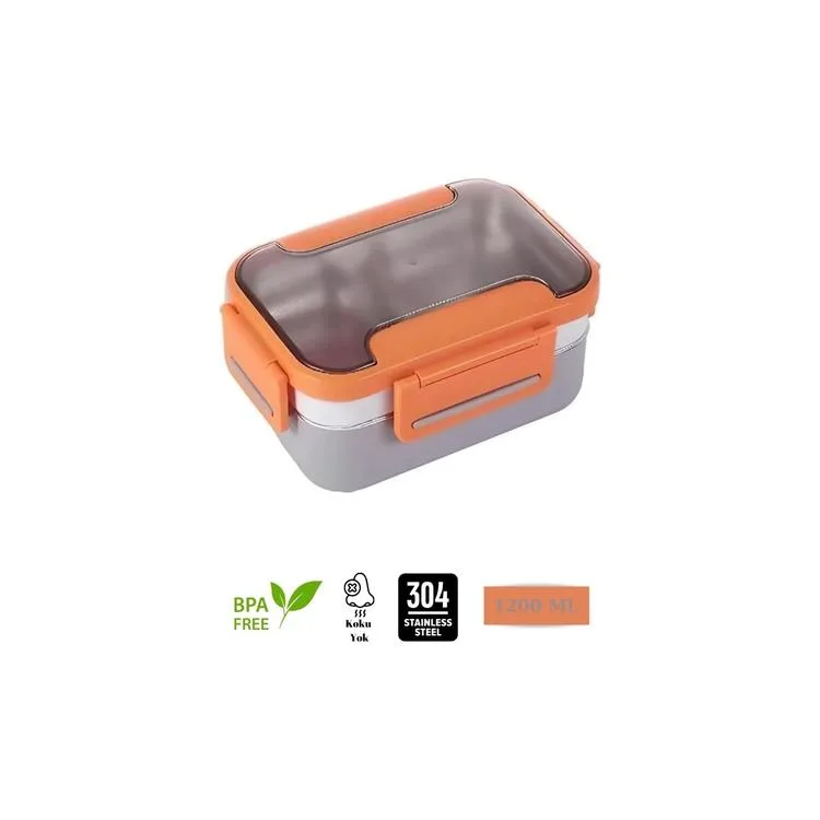 VAGONLIFE BL20182 PASLANMAZ ÇELİK YEMEK KABI - LUNCH BOX 2 KATLI 3 BÖLMELİ 1200 ML TURUNCU