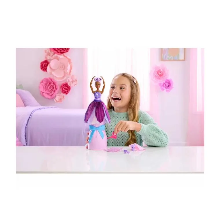 MATTEL JMF56/JMF58 BARBIE PETAL POP SÜRPRİZ ÇİÇEK SERİSİ MOR PAPATYA ELBİSELİ BEBEK 14 CM 3+