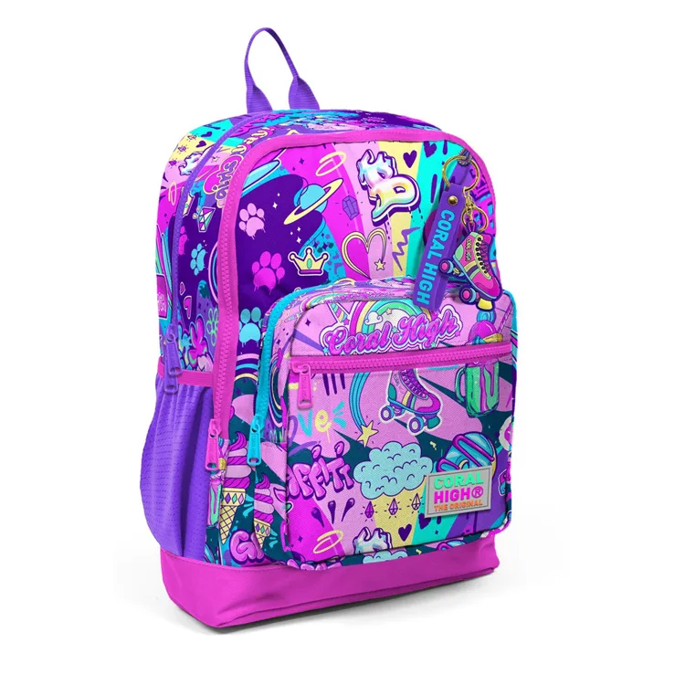 CORAL HIGH 23760 KIDS PEMBE MOR GRAFİTİ DESENLİ DÖRT BÖLMELİ SIRT ÇANTASI
