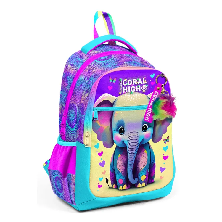 CORAL HIGH 23650 KIDS PEMBE TURKUAZ FİL DESENLİ ÜÇ BÖLMELİ OKUL SIRT ÇANTASI
