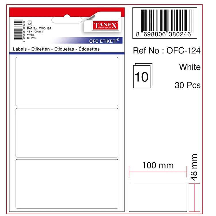 TANEX OFC-124 48x100mm BEYAZ OFİS ETİKETİ 10'LU