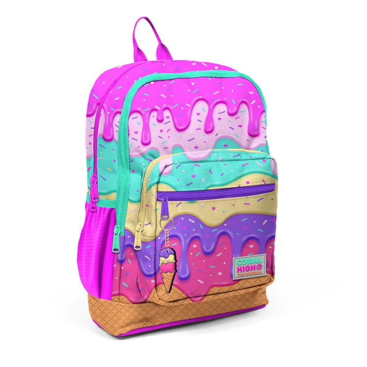 CORAL HIGH 23731 KİDS PEMBE RENGARENK DONDURMA DESENLİ DÖRT BÖLMELİ SIRT ÇANTASI