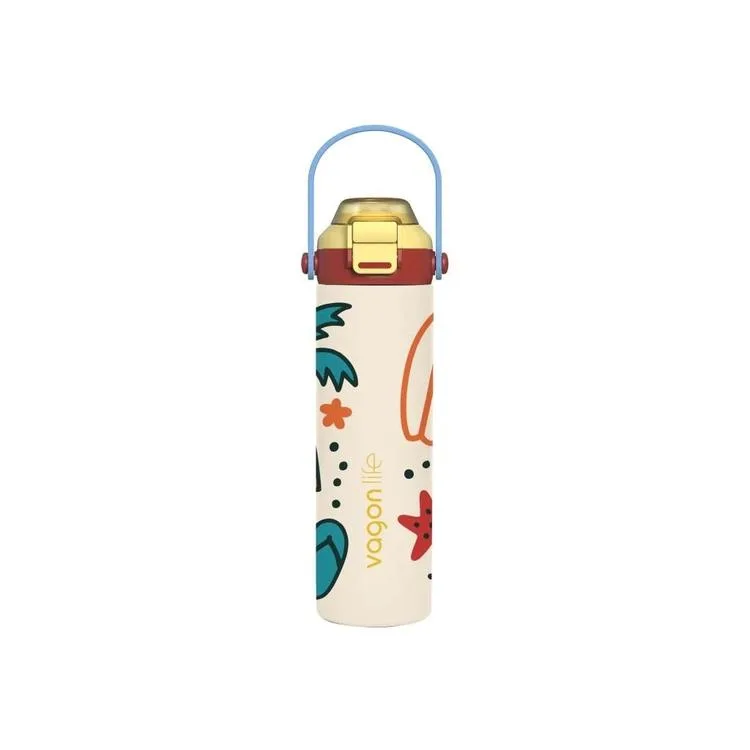 VAGONLİFE ÇELİK PİPETLİ/ PİPETSİZ ÇİFT KULLANIM KULPLU MATARA/TERMOS DESENLİ VGN1111 600ML - BEJ
