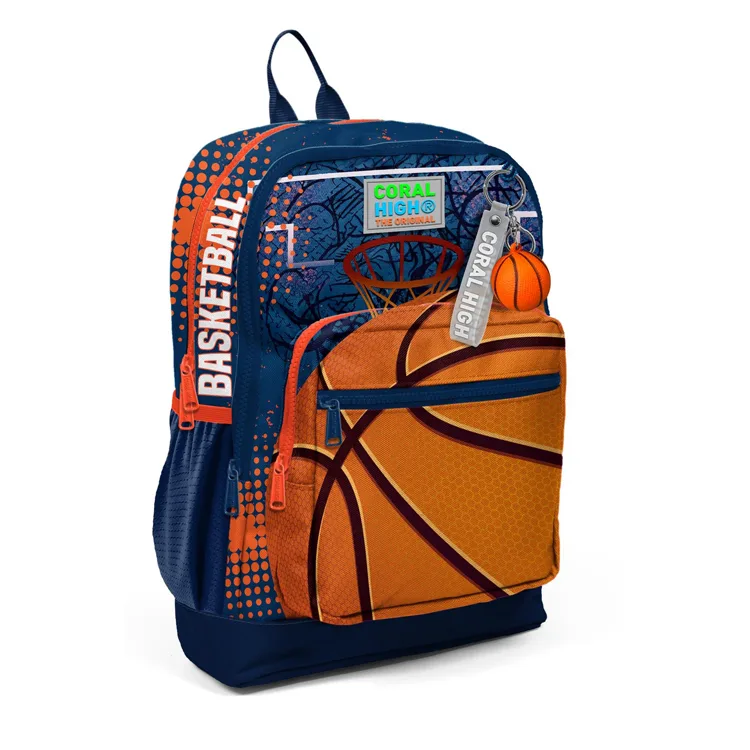 CORAL HIGH 23766 KIDS TURUNCU LACİVERT BASKETBOL DESENLİ DÖRT BÖLMELİ SIRT ÇANTASI