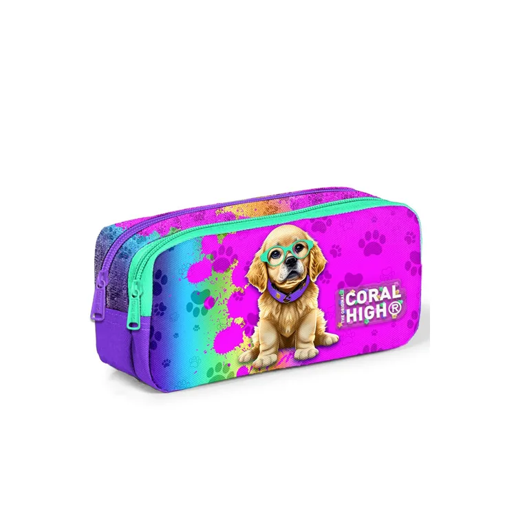 CORAL HIGH 12082 KIDS MOR PEMBE KÖPEK DESENLİ İKİ BÖLMELİ KALEM ÇANTASI