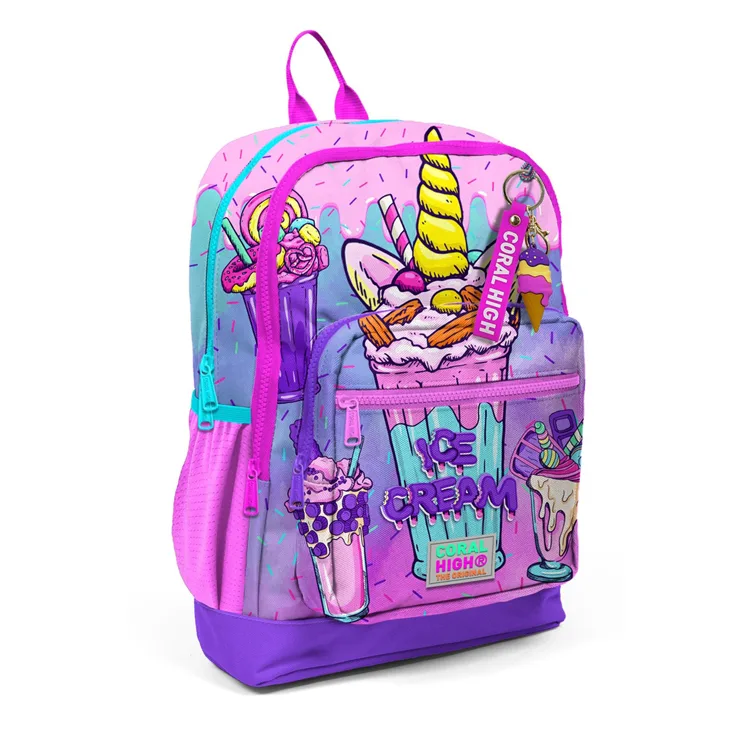 CORAL HIGH 23749 KIDS PEMBE MOR MILKSHAKE DONDURMA DESENLİ DÖRT BÖLMELİ SIRT ÇANTASI
