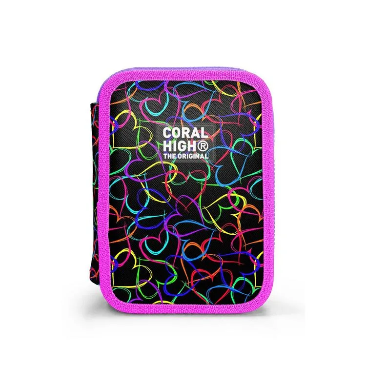 CORAL HIGH KIDS 11145 ÇOK RENKLİ KALP DESENLİ ÇİFT KATLI KALEM ÇANTASI