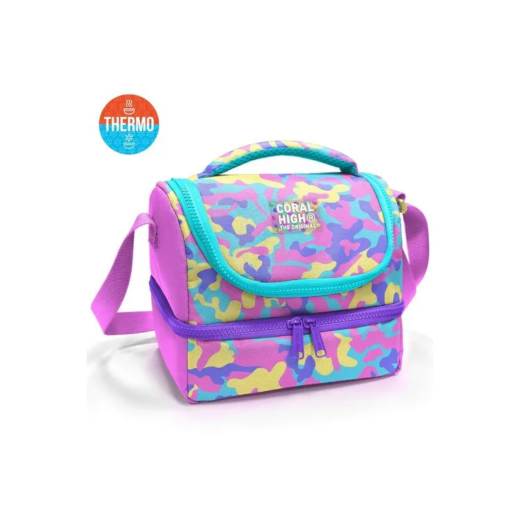 CORAL HIGH 37201 KIDS SARI PEMBE LAVANTA KAMUFLAJ DESENLİ THERMO İKİ KATLI BESLENME ÇANTASI
