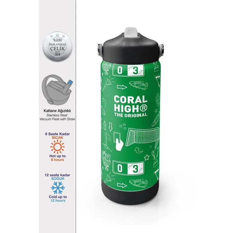 CORAL HIGH 38329 KIDS YEŞİL FUTBOL DESENLİ KATLANIR AĞIZLI PİPETLİ ÇELİK TERMOS 650ML