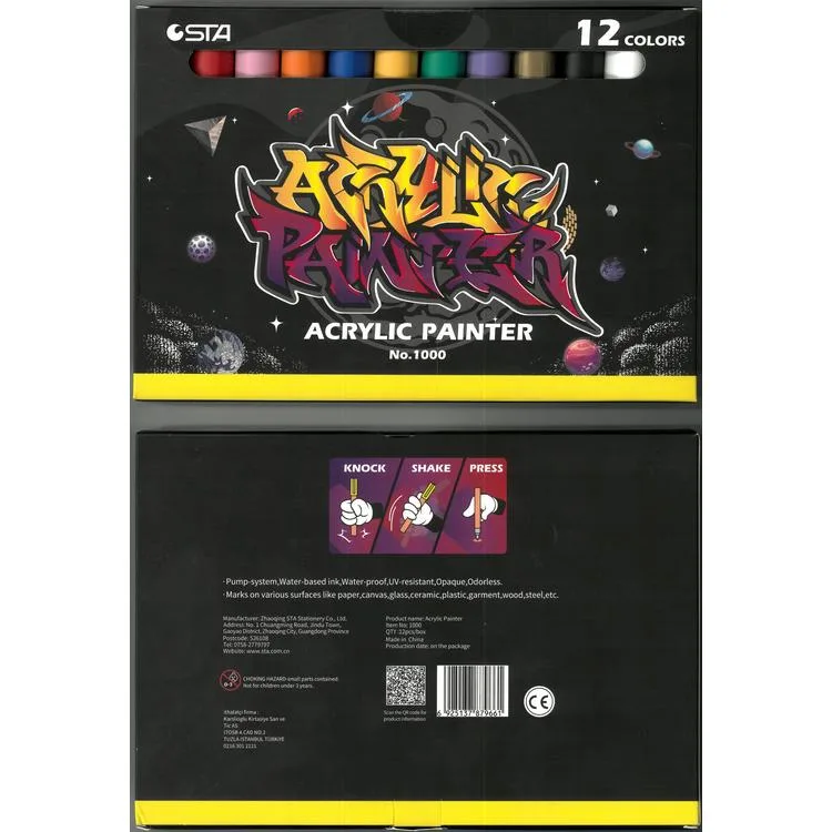 STA 100012 AKRİLİK MARKER KALEM SETİ 2mm UÇ 12'Lİ (RENK)
