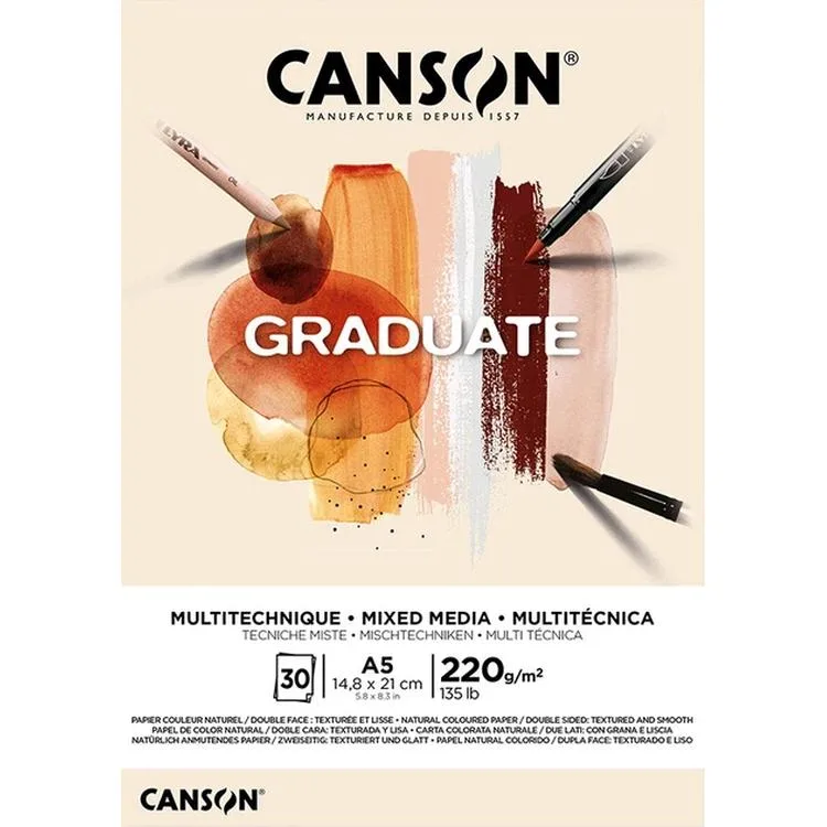 CANSON A5 GRADUATE MİXED MEDİA NATUREL RESİM DEFTERİ BLOĞU 220GR. 30 YP.- FT400110367