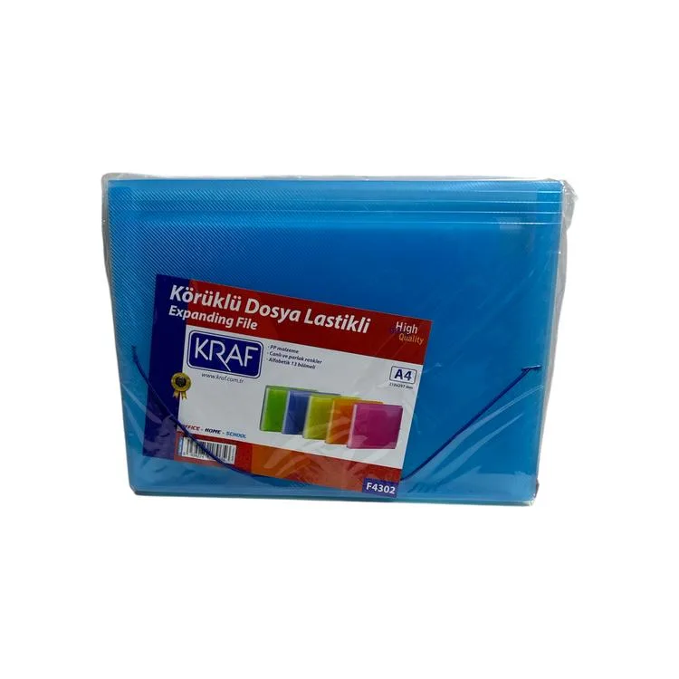 KRAF F4302 LASTİKLİ KÖRÜKLÜ DOSYA A4 13 CEP MAVİ