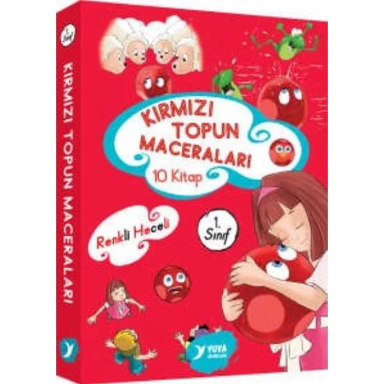 YUVA 1. SINIF KIRMIZI TOPUN MACERALARI RENKLİ HECELİ 10 KİTAP DÜZ YAZI