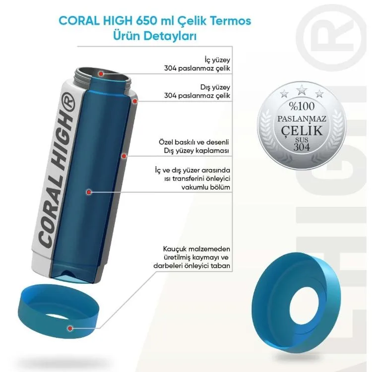 CORAL HIGH 38333 LACİVERT GAME DESENLİ KATLANIR AĞIZLI PİPETLİ ÇELİK TERMOS 650ML
