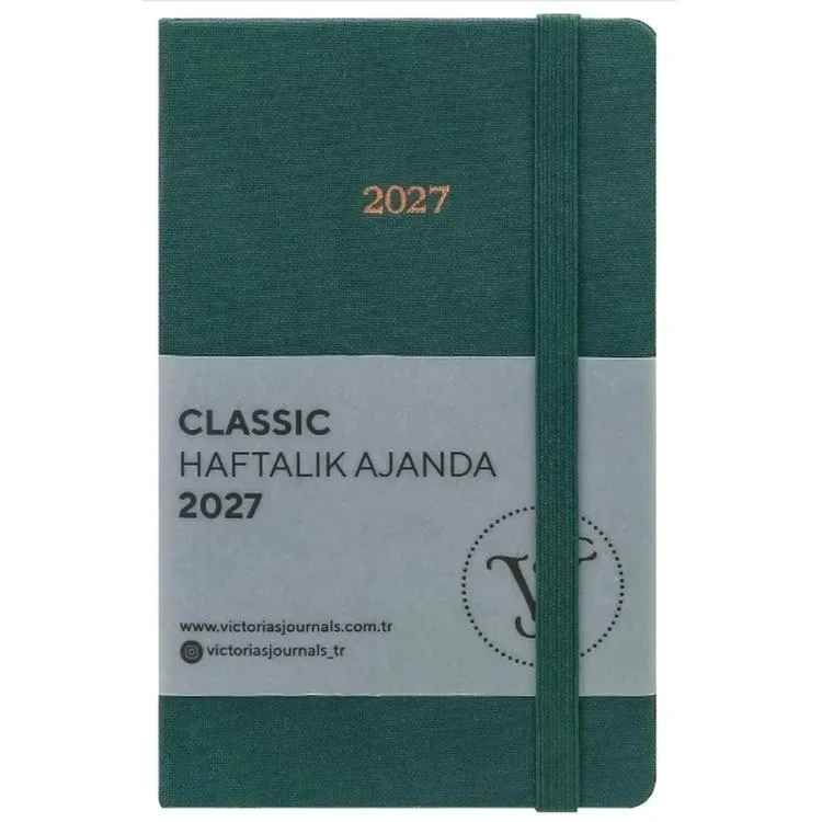 VICTORIA'S JOURNALS 226-2355 9x14 cm CLASSIC SERT KAPAK CEPLİ LASTİKLİ HAFTALIK AJANDA - YEŞİL