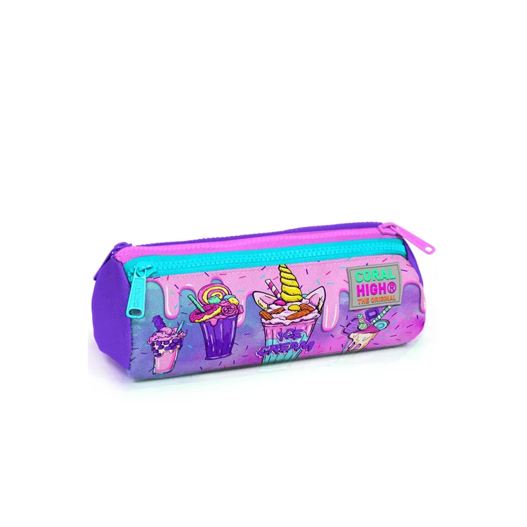 CORAL HIGH 22049 KIDS PEMBE MOR MILKSHAKE DONDURMA DESENLİ ÜÇ BÖLMELİ KALEM ÇANTASI