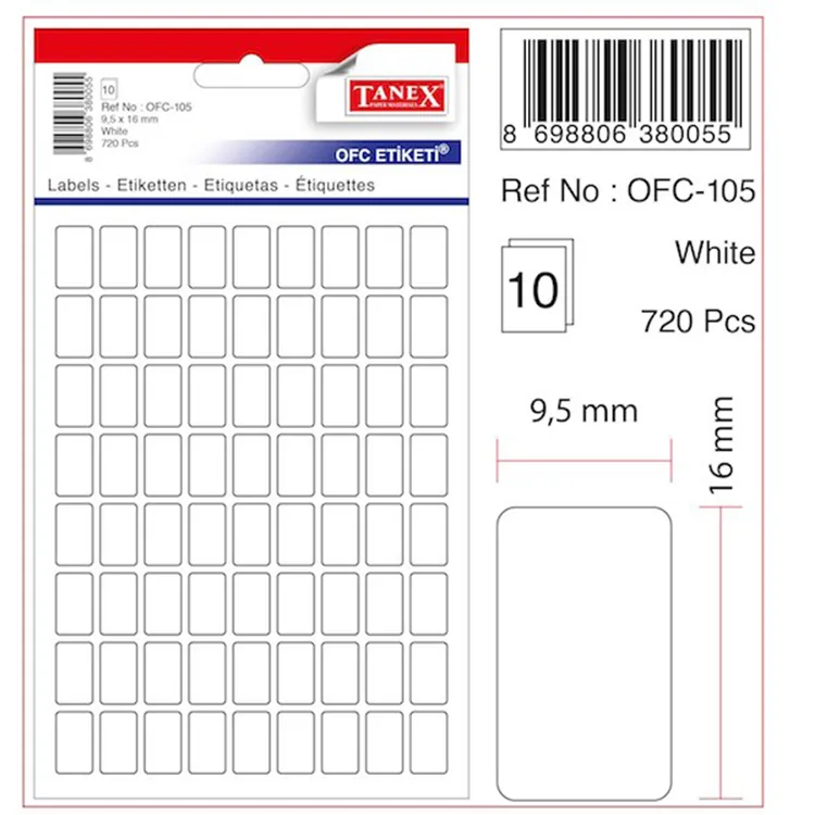 TANEX OFC-105 9,5x16mm BEYAZ OFİS ETİKETİ 10'LU