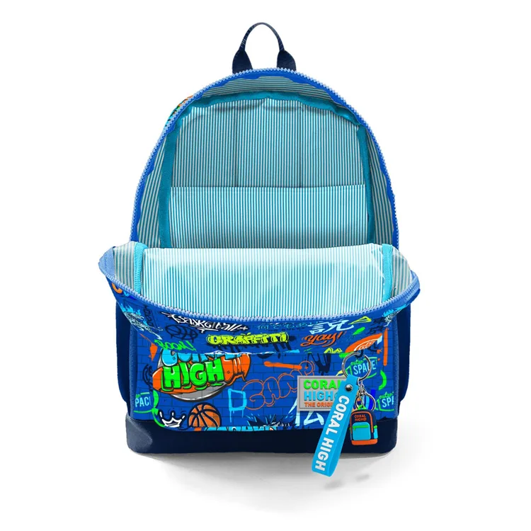 CORAL HIGH 23767 KIDS SAKS MAVİSİ GRAFİTİ DESENLİ DÖRT BÖLMELİ SIRT ÇANTASI