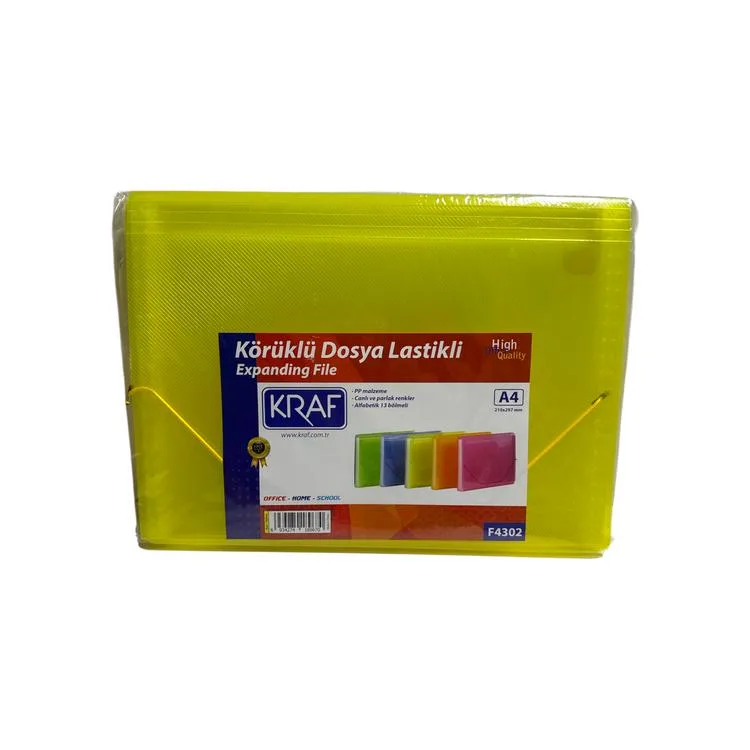 KRAF F4302 LASTİKLİ KÖRÜKLÜ DOSYA A4 13 CEP SARI