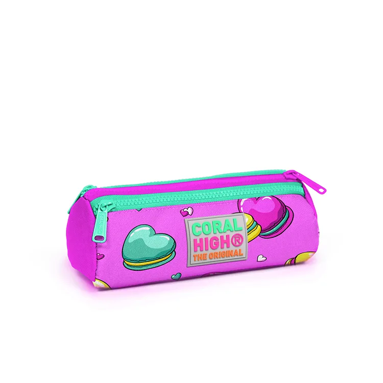 CORAL HIGH 22301 AÇIK PEMBE SU YEŞİLİ MAKARON DESENLİ ÜÇ BÖLMELİ KALEM ÇANTASI