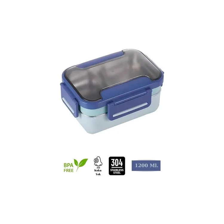 VAGONLIFE BL20182 PASLANMAZ ÇELİK YEMEK KABI - LUNCH BOX 2 KATLI 3 BÖLMELİ 1200 ML MAVİ