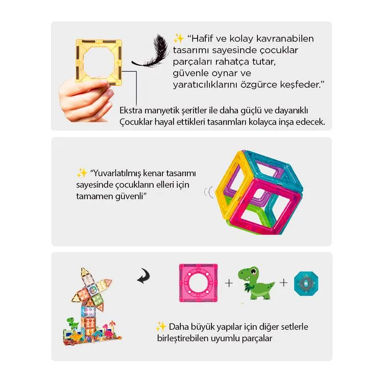 BAŞEL CH1172 LIGHT MAGNETIC TILES KUTULU IŞIKLI MANYETİK YAPI BLOKLARI 75 PARÇA 3+