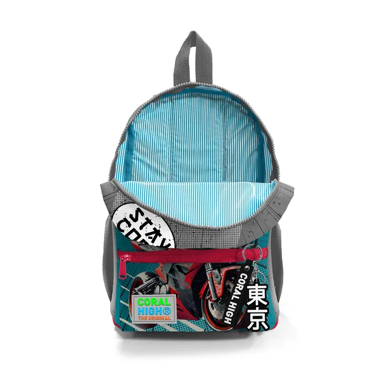 CORAL HIGH 23564 KIDS GRİ NEFTİ ANİME MOTORSİKLET DESENLİ İKİ BÖLMELİ MİNİK YUVA SIRT ÇANTASI