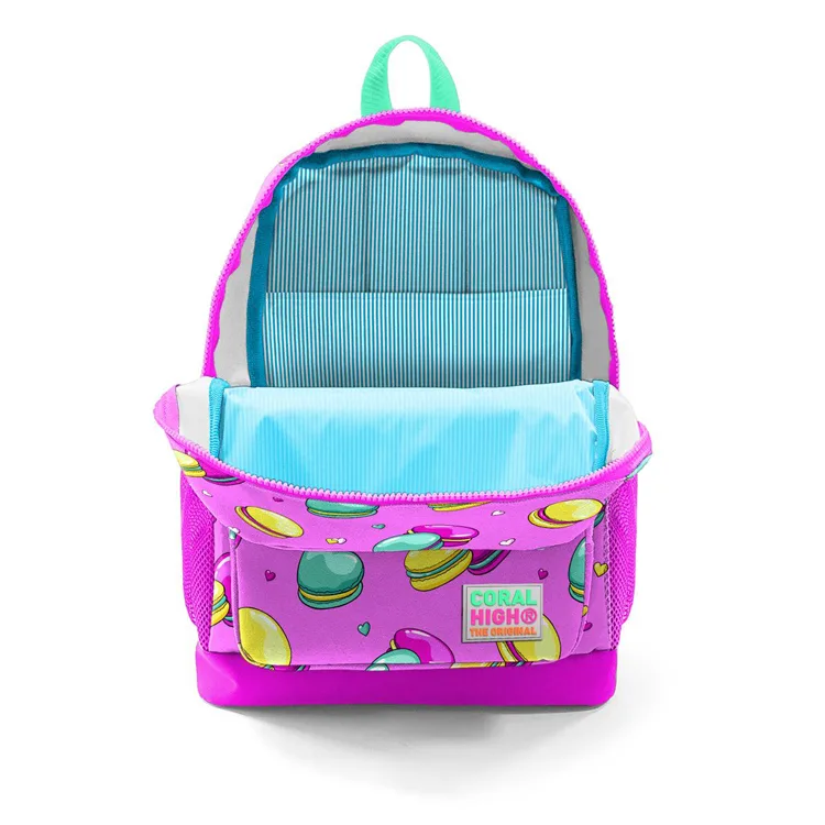 CORAL HIGH 23462 AÇIK PEMBE SU YEŞİLİ MAKARON DESENLİ DÖRT BÖLMELİ OKUL SIRT ÇANTASI