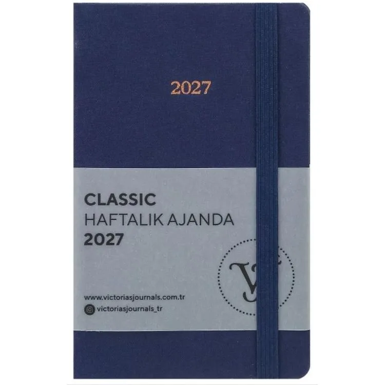 VICTORIA'S JOURNALS 226-2353 9x14 cm CLASSIC SERT KAPAK CEPLİ LASTİKLİ HAFTALIK AJANDA - MAVİ