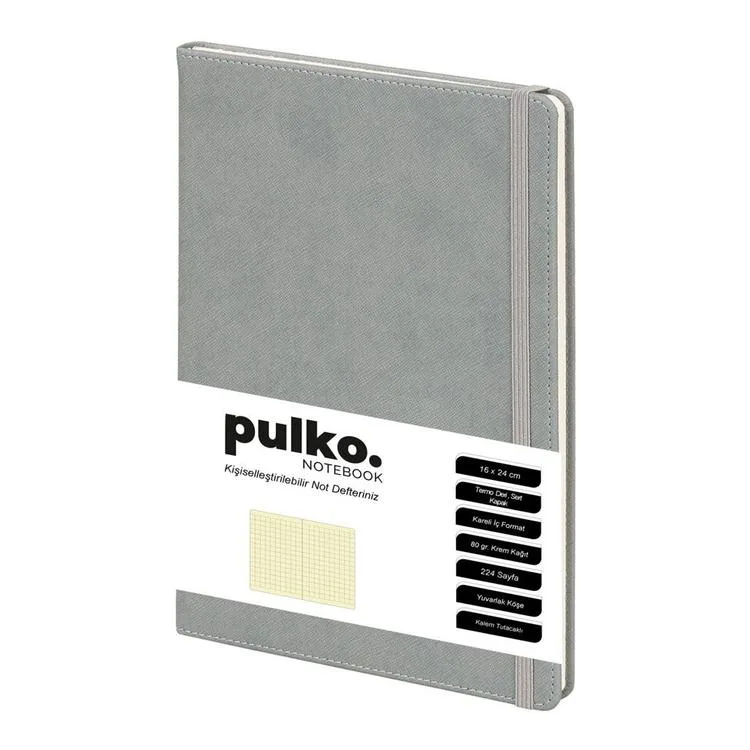 PULKO NOTEBOOK PND041 SERT KAPAK 16x24cm 80gr.240 SAYFA TERMO DERİ KARELİ DEFTER - AÇIK GRİ