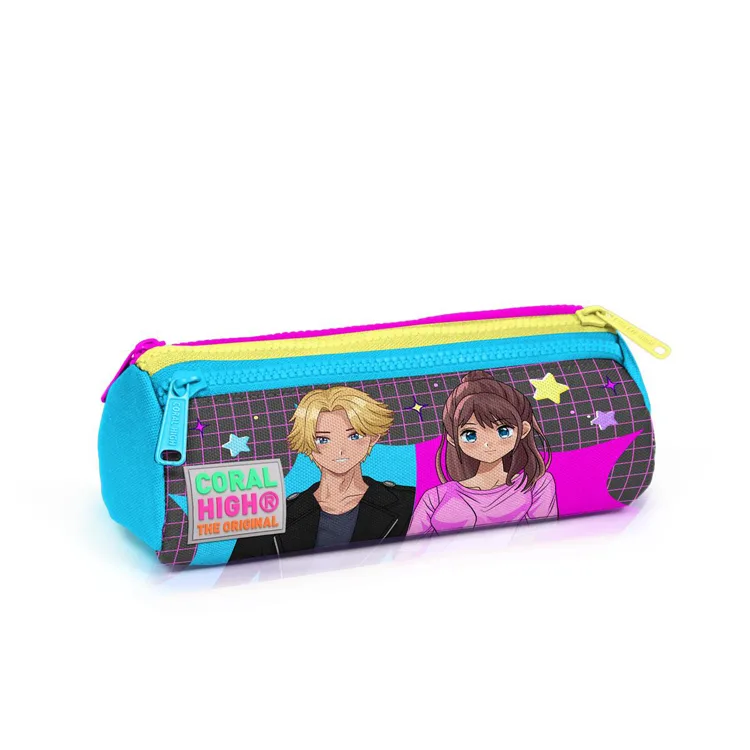 CORAL HIGH 22037 KIDS GRİ MAVİ PEMBE ANİME DESENLİ ÜÇ BÖLMELİ KALEM ÇANTASI