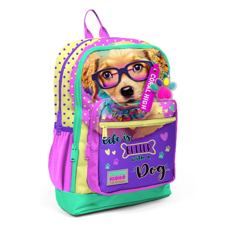 CORAL HIGH 23752 KIDS SARI PEMBE SEVİMLİ KÖPEK DESENLİ DÖRT BÖLMELİ SIRT ÇANTASI