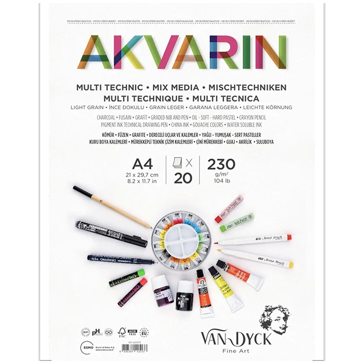 VAN DYCK VD400159 AKVARIN MULTIPURPOSE ÜSTTEN SPİRALLİ SULU BOYA BLOK A4 230GR 20 YP