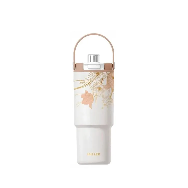 VAGONLİFE DILLER PASLANMAZ ÇELİK ÇİFT KAPAK PİPETLİ/ PİPETSİZ KULLANIM EL ASKI KULPLU DESENLİ CUP TERMOS D9505 880ML - GOLD