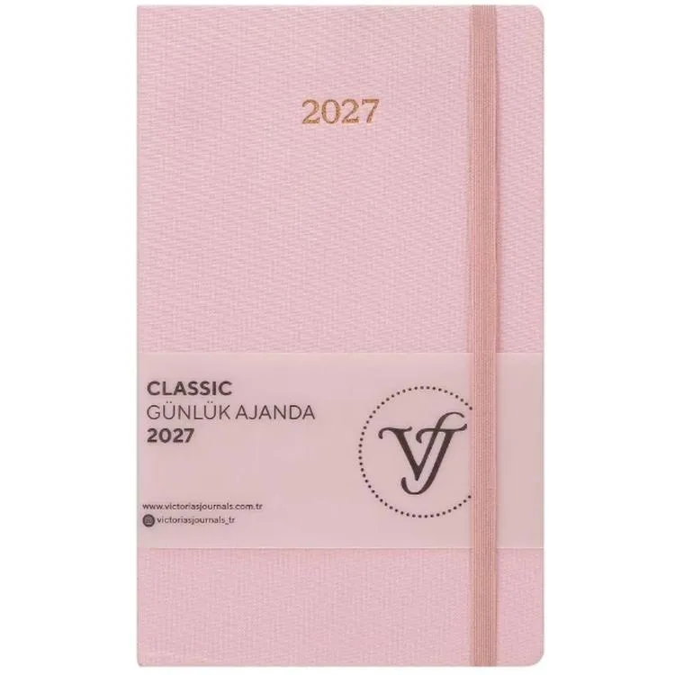 VICTORIA'S JOURNALS 226-2484 13 X 21 cm CLASSIC SERT KAPAK CEPLİ LASTİKLİ GÜNLÜK AJANDA - PEMBE