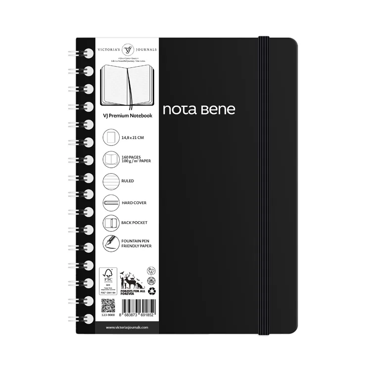 VICTORIA'S JOURNALS NOTE BENE 9261 PREMIUM NOTEBOOK SPİRALLİ SERT KAPAK A5 100gr.160 SYF. ÇİZGİLİ DEFTER SİYAH