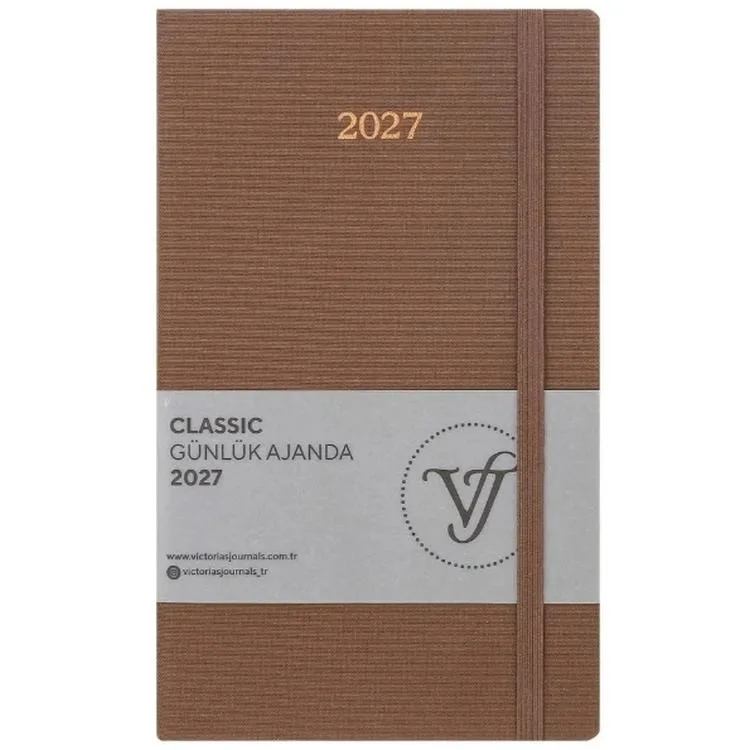 VICTORIA'S JOURNALS 226-2485 13 X 21 cm CLASSIC SERT KAPAK CEPLİ LASTİKLİ GÜNLÜK AJANDA - KAHVERENGİ
