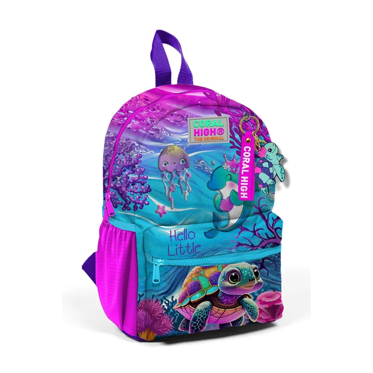 CORAL HIGH 23556 KIDS PEMBE MOR KAPLUMBAĞA DESENLİ İKİ BÖLMELİ MİNİK YUVA SIRT ÇANTASI