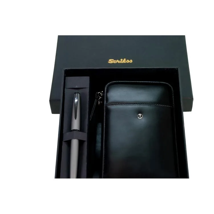 SCRIKSS DR 2010-S1 HAKİKİ DERİ EL ÇANTASI SİYAH & 78MG ROLLER KALEM MAT GRİ SET