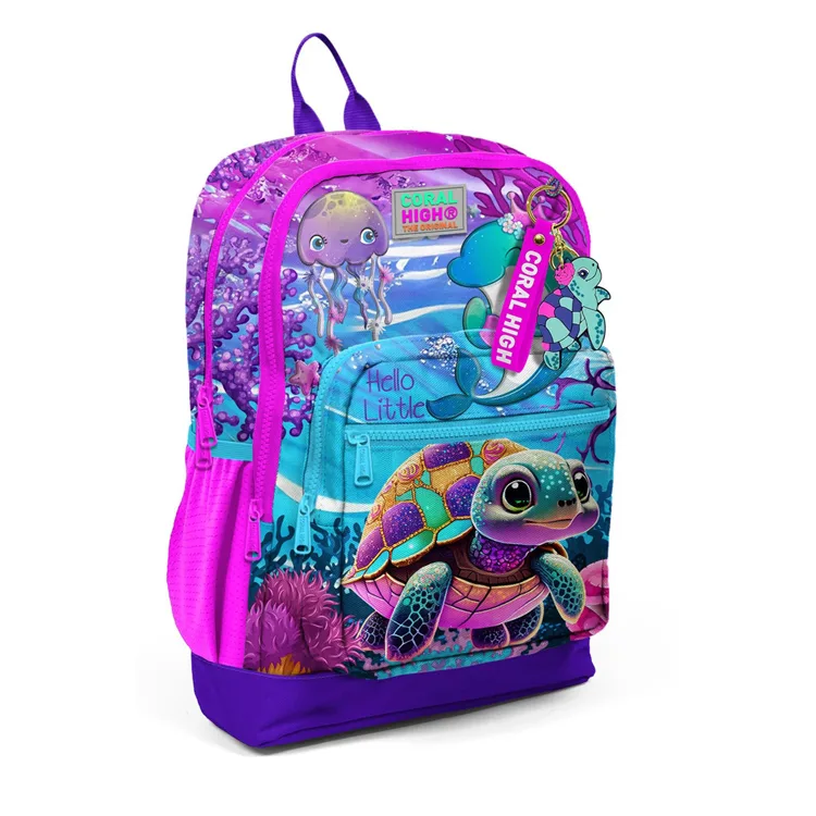 CORAL HIGH 23756 KIDS PEMBE MOR KAPLUMBAĞA DESENLİ DÖRT BÖLMELİ SIRT ÇANTASI